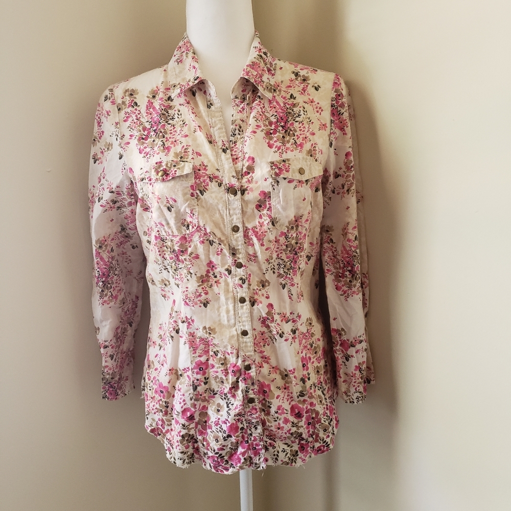 VAC soft pink brown cream floral button-down top